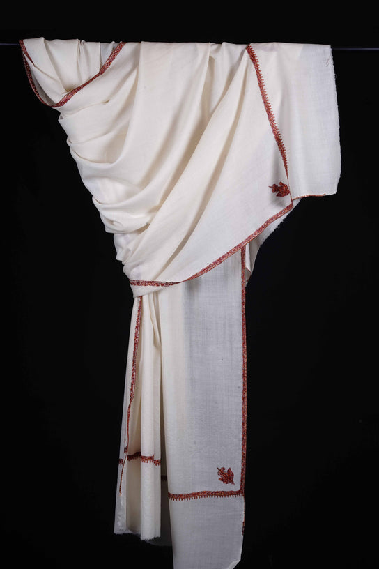 White Base With Border Embroidery Cashmere Pashmina Shawl