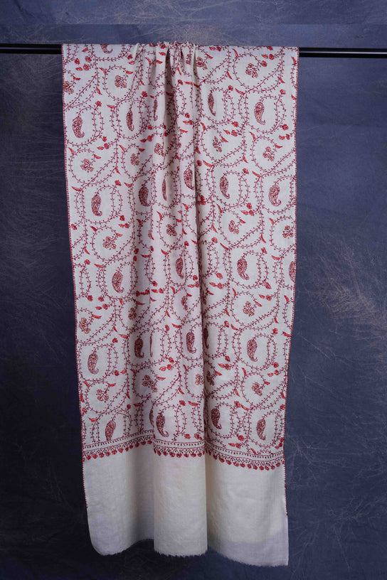 Ivory Base Jali Sozni Embroidery Merino Wool Scarf