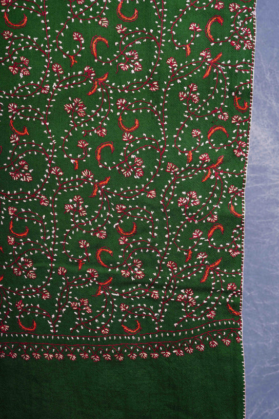 Green Base Jali Sozni Embroidery Merino Wool Scarf