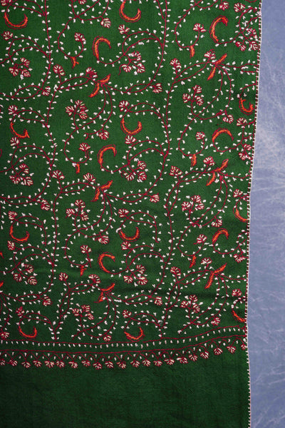 Green Base Jali Sozni Embroidery Merino Wool Scarf