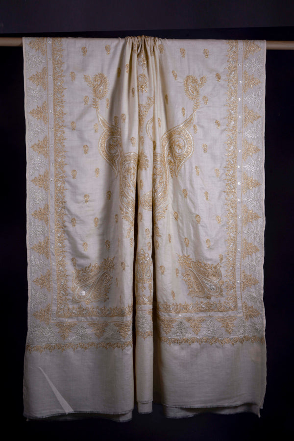 3 Yard Ivory Base With Golden and Silver Tilla Embroidery Pashmina Shawl — Tilla gold embroidery pashmina shawl from Kashmir