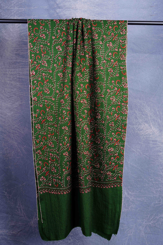 Green Base Jali Sozni Embroidery Merino Wool Scarf