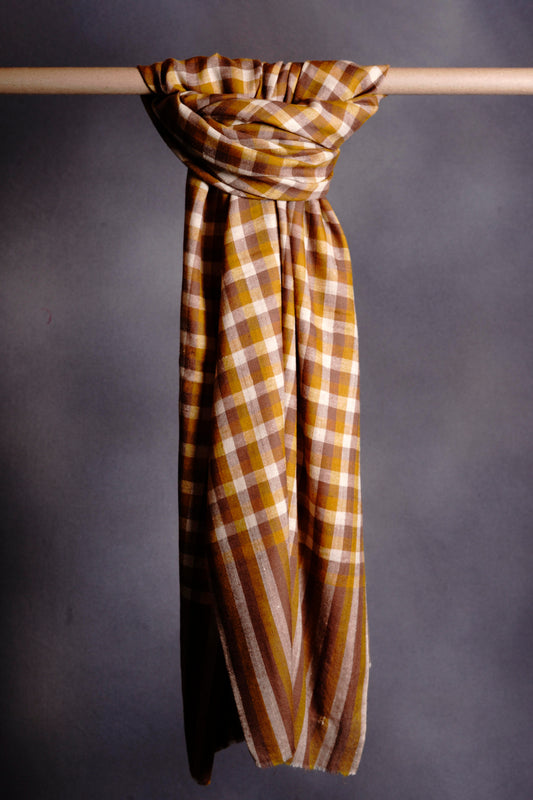 Mustard and Ivory Checked  Handwoven Cashmere Pashmina Shawl