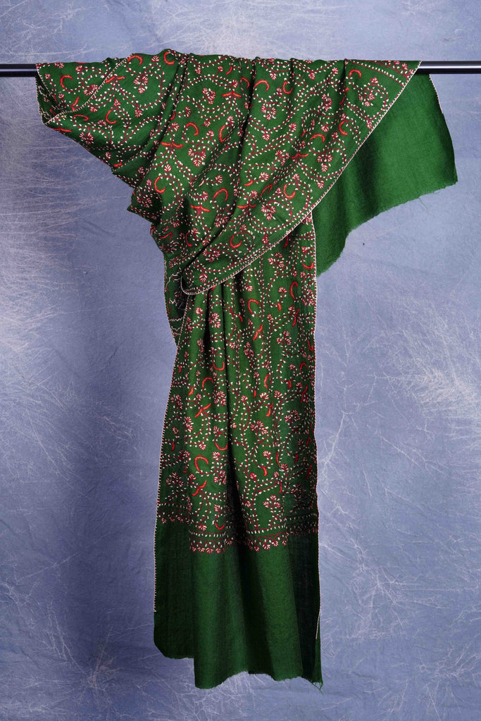 Green Base Jali Sozni Embroidery Merino Wool Scarf