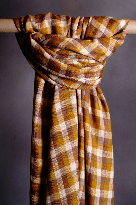 Mustard and Ivory Checked  Handwoven Cashmere Pashmina Shawl