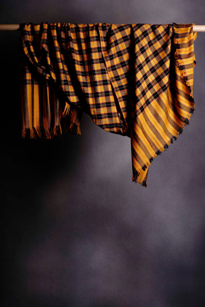 Mustard and Black Checked  Handwoven Cashmere Pashmina Shawl