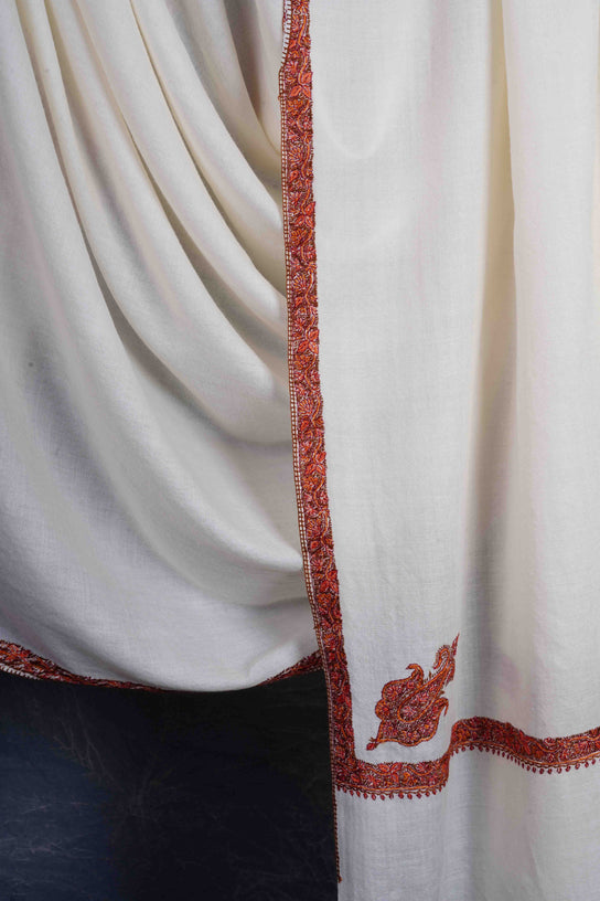 3 yard Ivory Base With Border Embroidery Merino Shawl