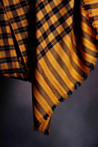 Mustard and Black Checked  Handwoven Cashmere Pashmina Shawl