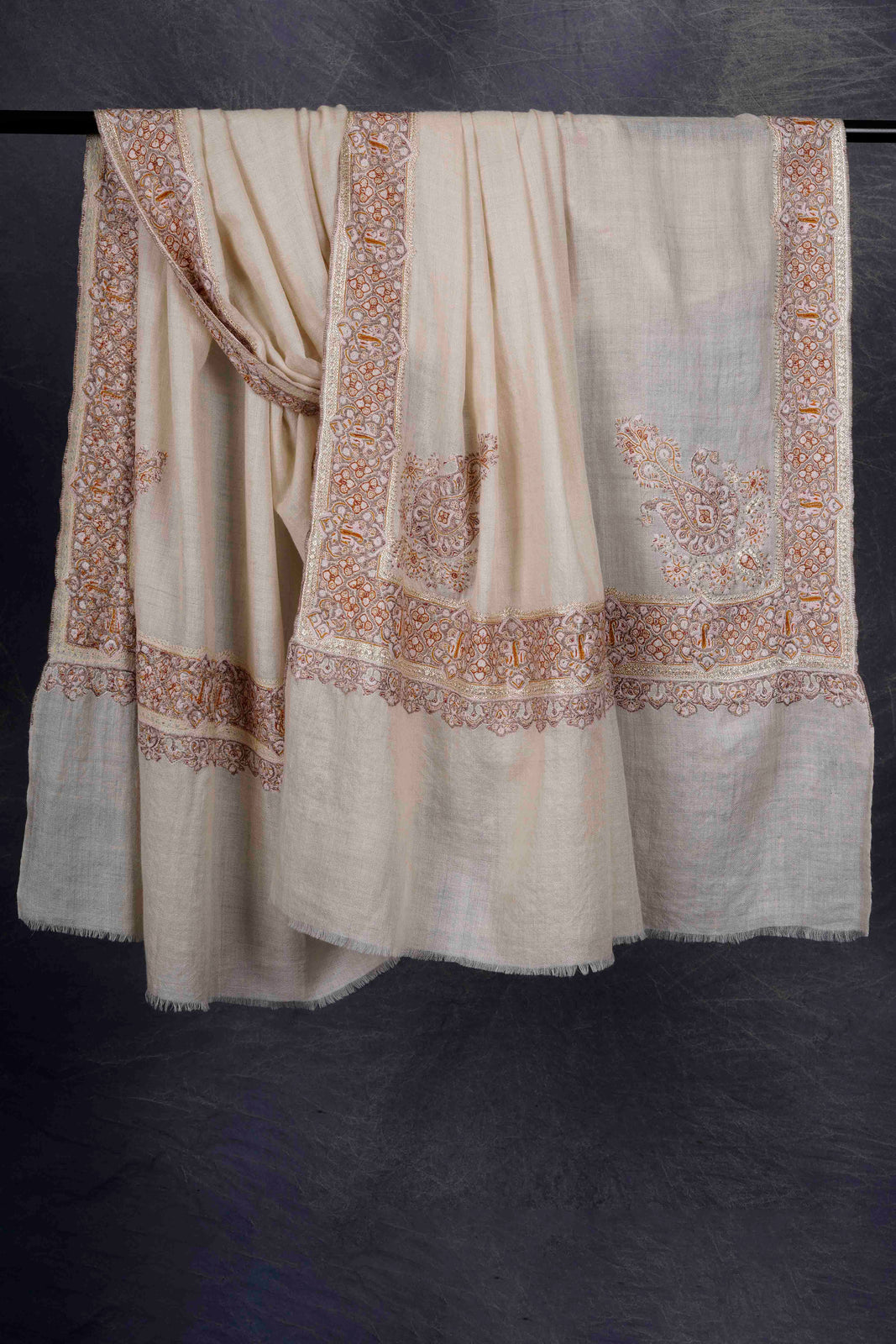 Ivory Big Border Embroidery Cashmere Pashmina Shawl