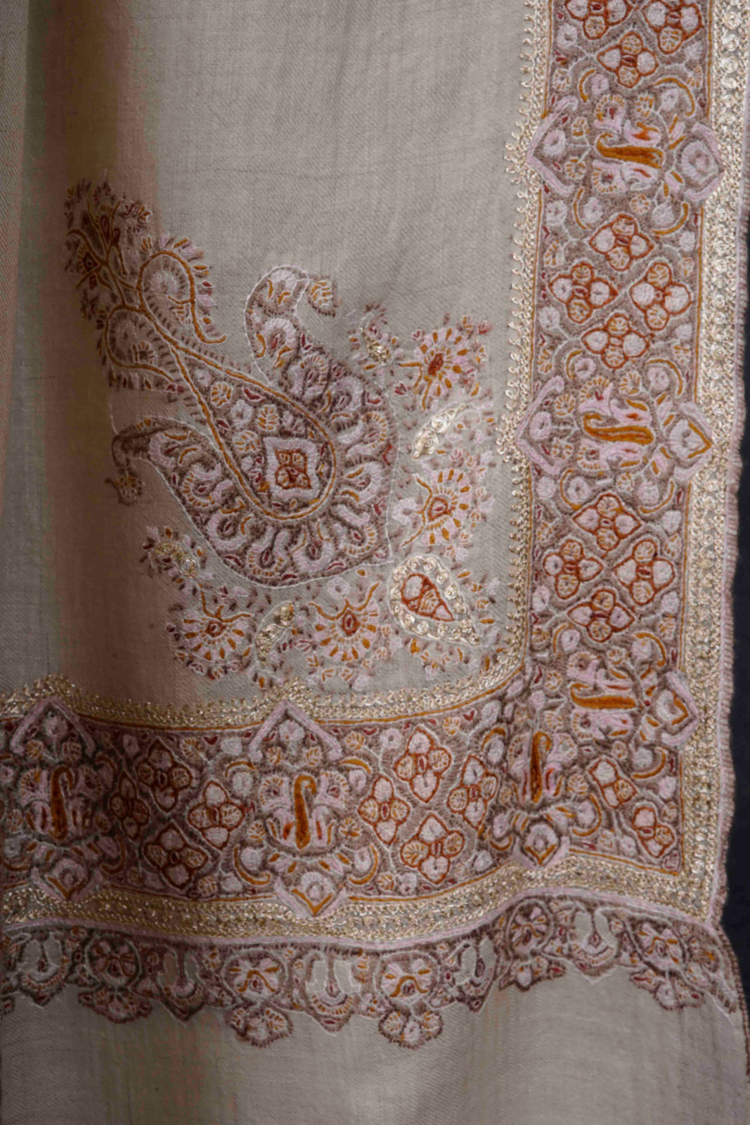 Ivory Big Border Embroidery Cashmere Pashmina Shawl