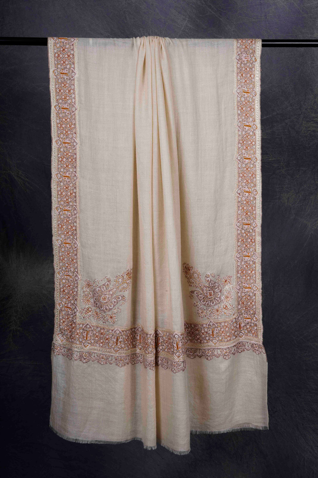 Ivory Big Border Embroidery Cashmere Pashmina Shawl