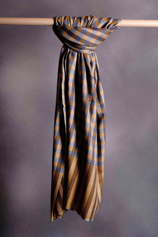Light Mustard and Blue Checked  Handwoven Cashmere Pashmina Shawl