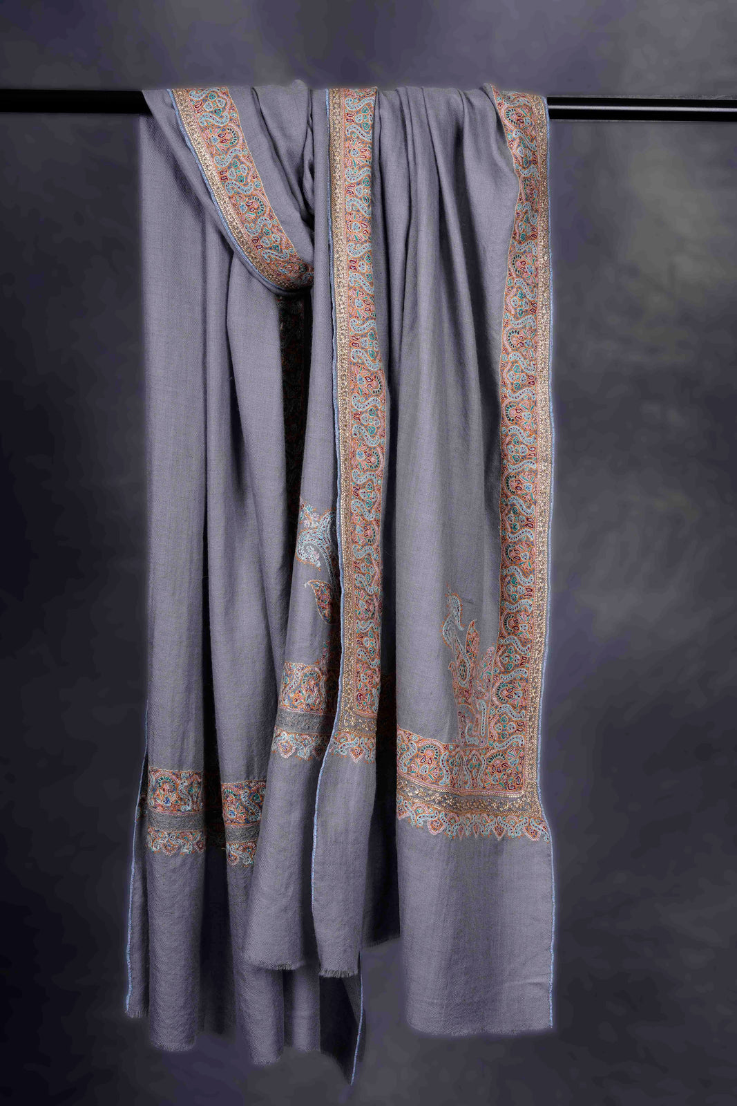 Blue Big Border Embroidery Cashmere Pashmina Shawl