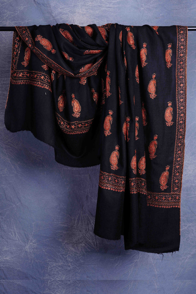 Black Base Paisley Merino Embroidery Shawl