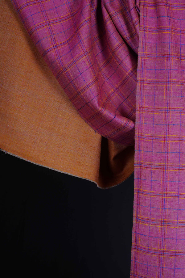 Reversible Pink Checked and Mustard Handwoven Cashmere Pashmina Shawl — pashmina shawl reverse side