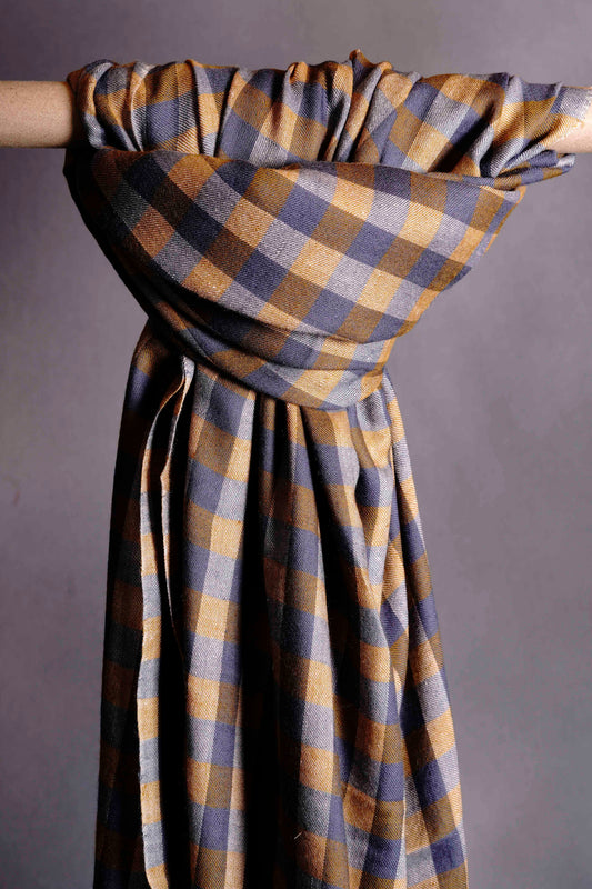 Light Mustard and Blue Checked  Handwoven Cashmere Pashmina Shawl