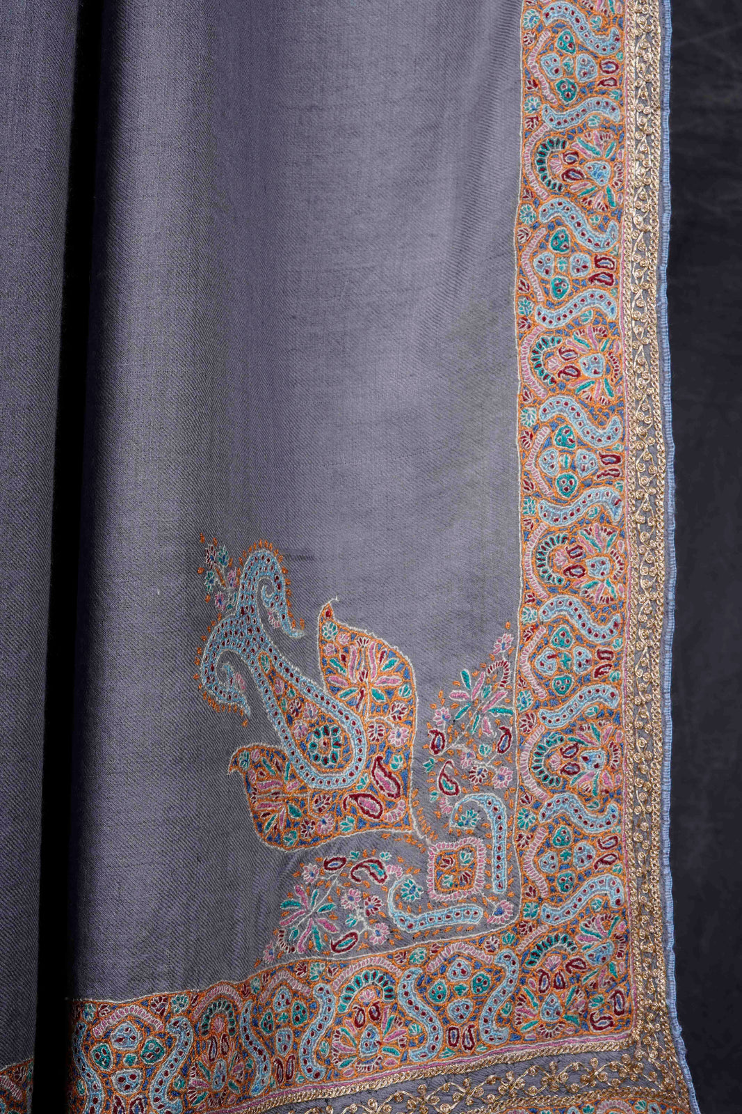 Blue Big Border Embroidery Cashmere Pashmina Shawl