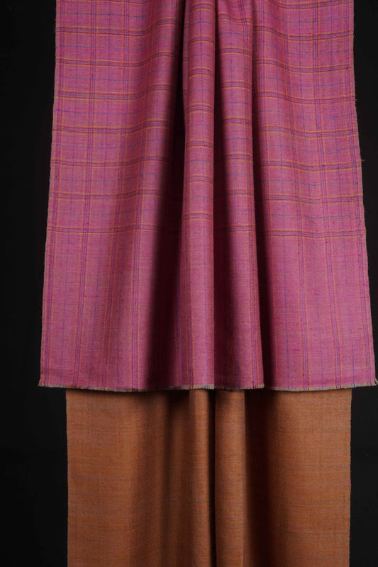 Reversible Pink Checked and Mustard Handwoven Cashmere Pashmina Shawl