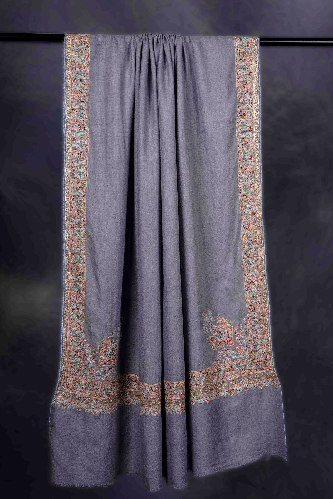 Blue Big Border Embroidery Cashmere Pashmina Shawl