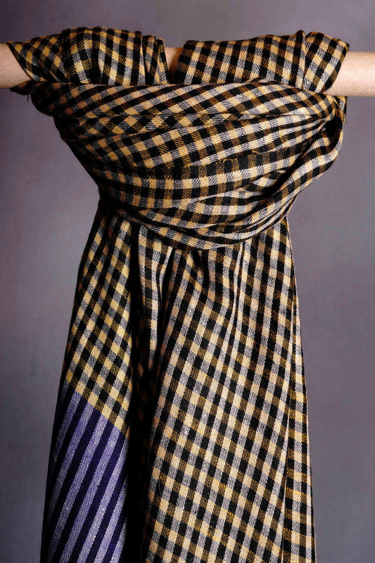 Yellow Blue and Black Checked  Handwoven Cashmere Pashmina Shawl