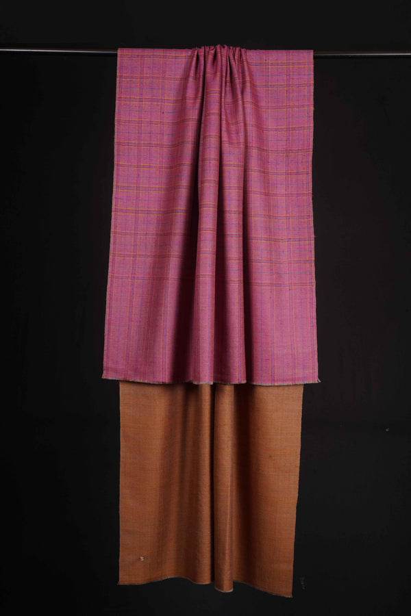 Reversible Pink Checked and Mustard Handwoven Cashmere Pashmina Shawl — reversible pashmina shawl handwoven in Kashmir