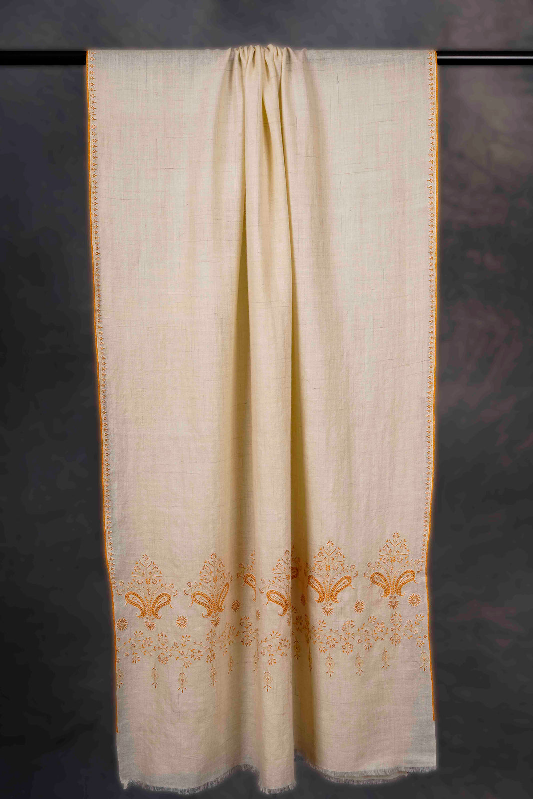 Ivory With Big Buteh Motif Border Embroidery Cashmere Pashmina Scarf