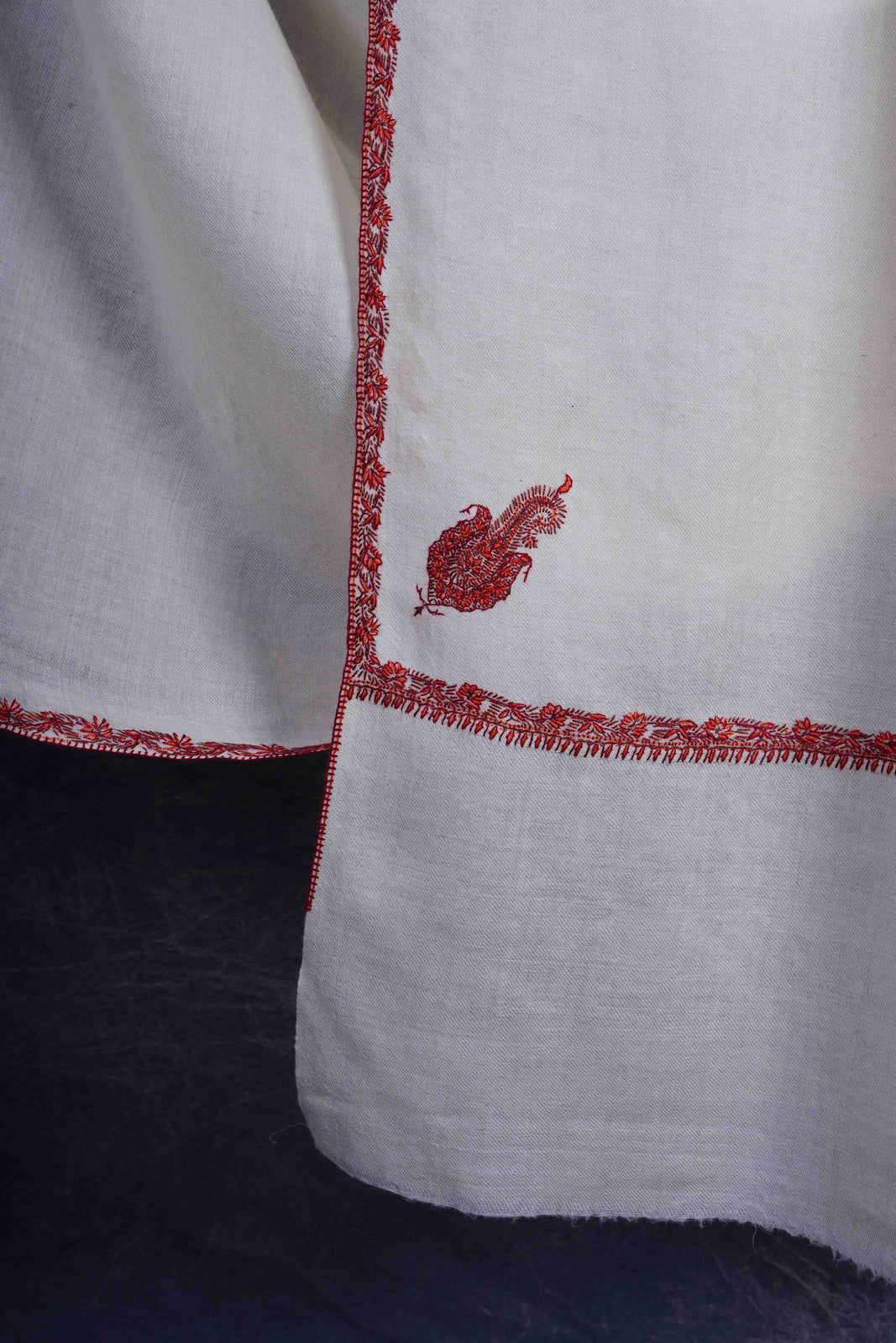 3 Yard White Base With Small Border Embroidery Merino Shawl