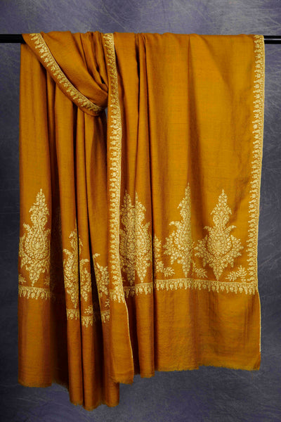 Mustard Big Border Embroidery Cashmere Pashmina Shawl