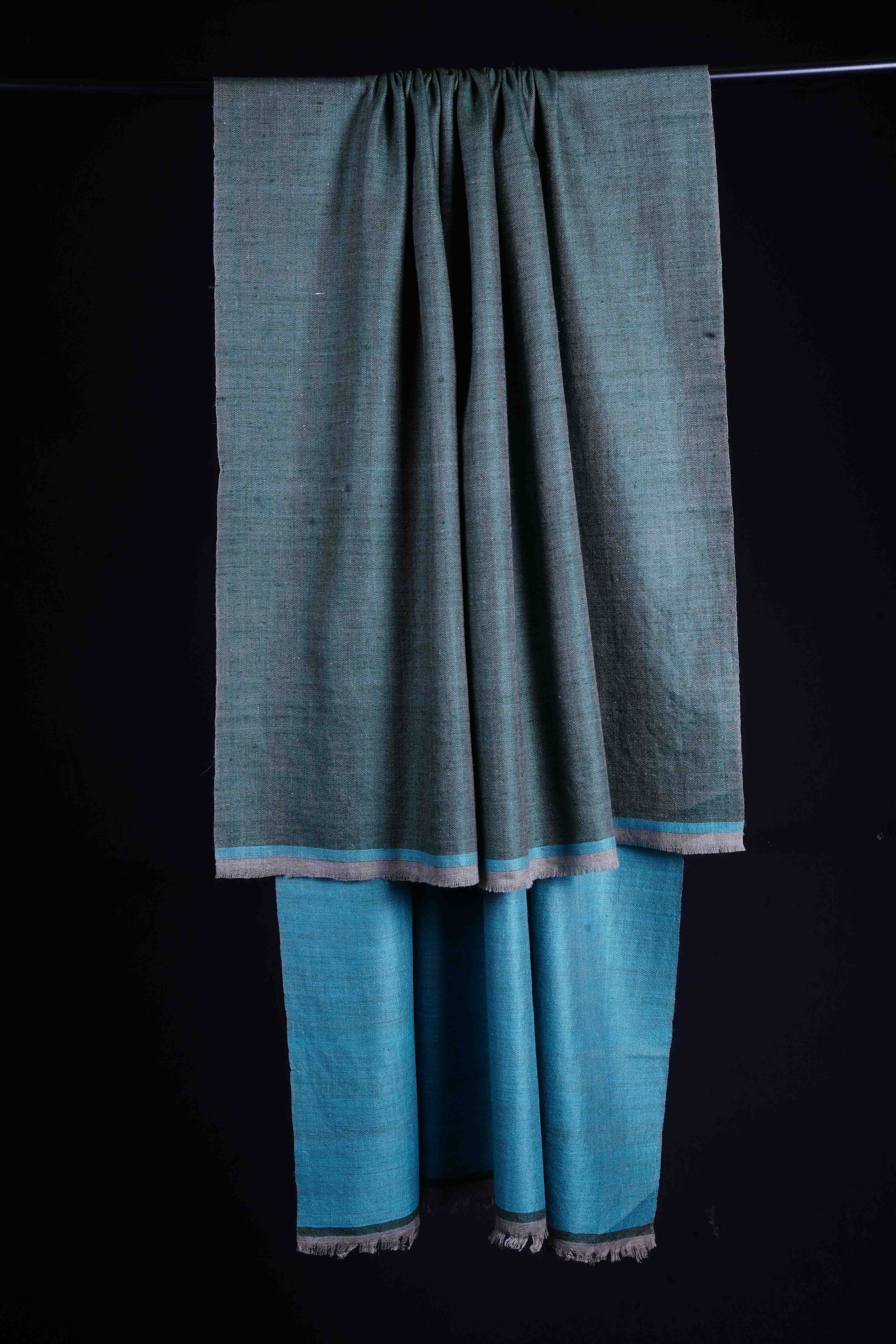 Reversible Green and Turquoise Handwoven Cashmere Pashmina Shawl