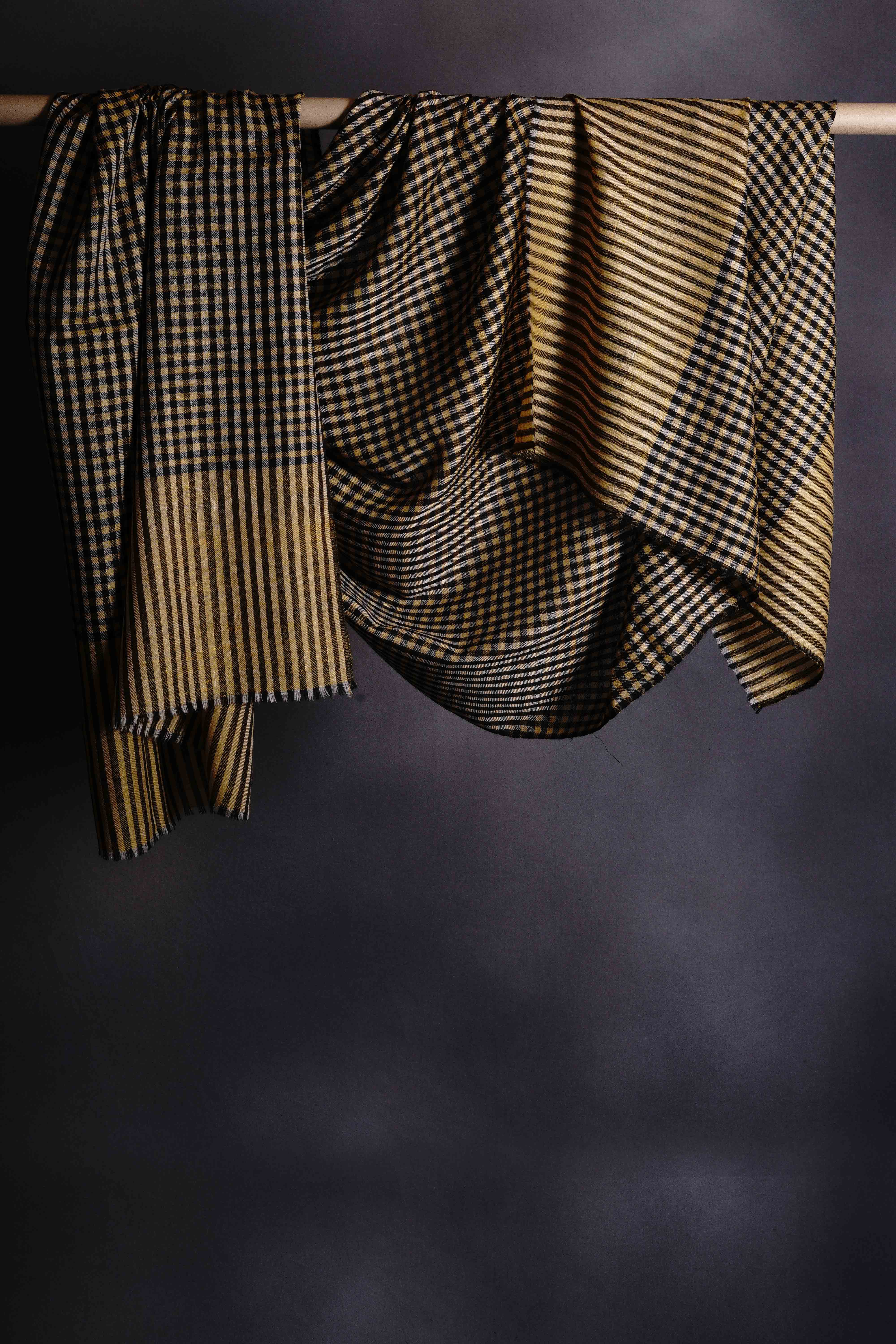 Yellow Black and Ivory Checked  Handwoven Cashmere Pashmina Shawl