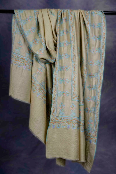 Ivory Border And Boteh Motifs Embroidery Cashmere Pashmina Shawl