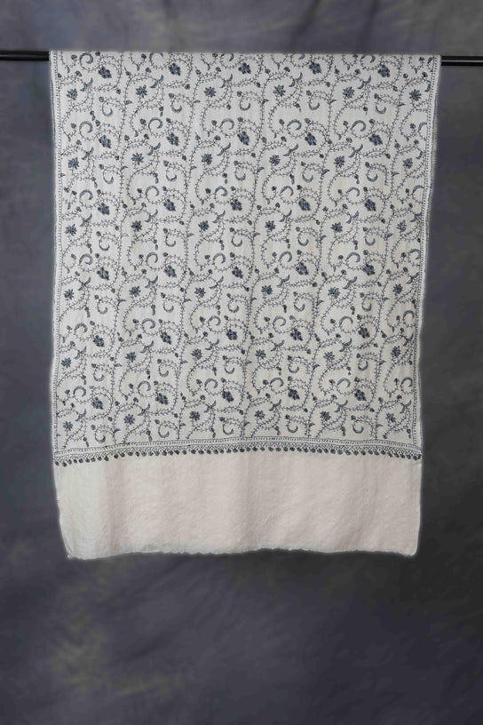 Ivory Base Jali Sozni Embroidery Merino Wool Scarf