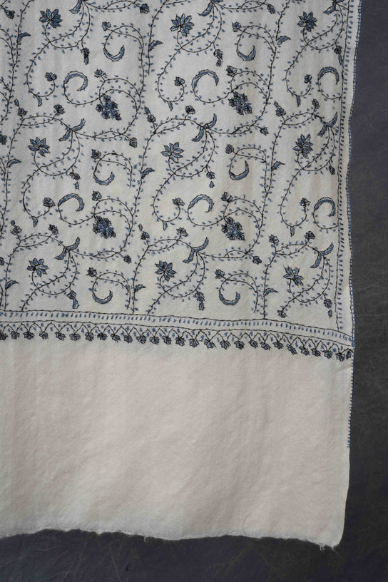 Ivory Base Jali Sozni Embroidery Merino Wool Scarf