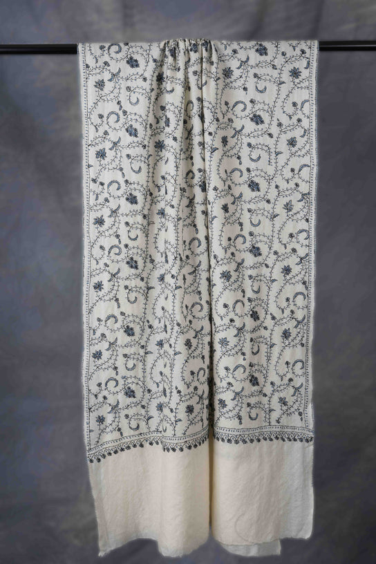 Ivory Base Jali Sozni Embroidery Merino Wool Scarf