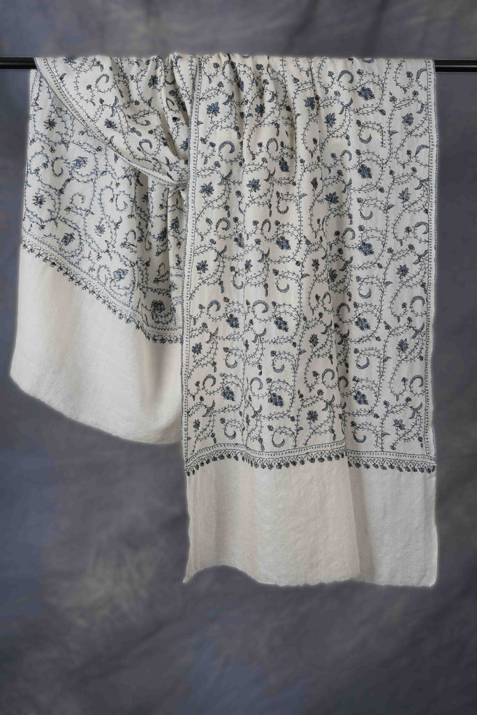 Ivory Base Jali Sozni Embroidery Merino Wool Scarf