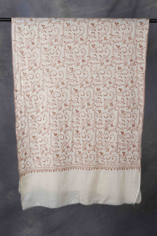 Ivory Base Jali Sozni Embroidery Merino Wool Scarf