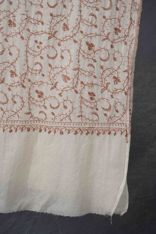 Ivory Base Jali Sozni Embroidery Merino Wool Scarf