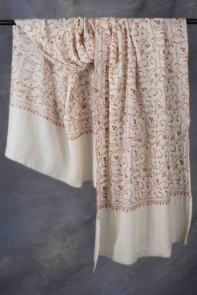 Ivory Base Jali Sozni Embroidery Merino Wool Scarf