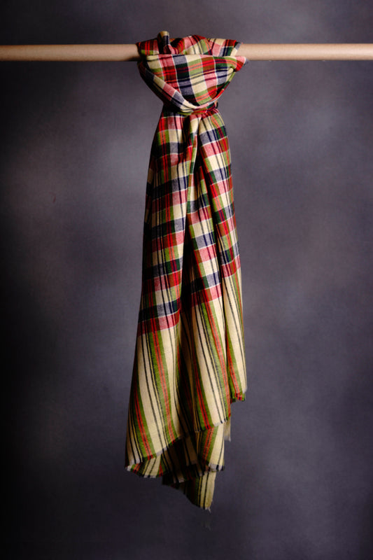 Lime, Blue & Red Check Handwoven Cashmere Pashmina Shawl