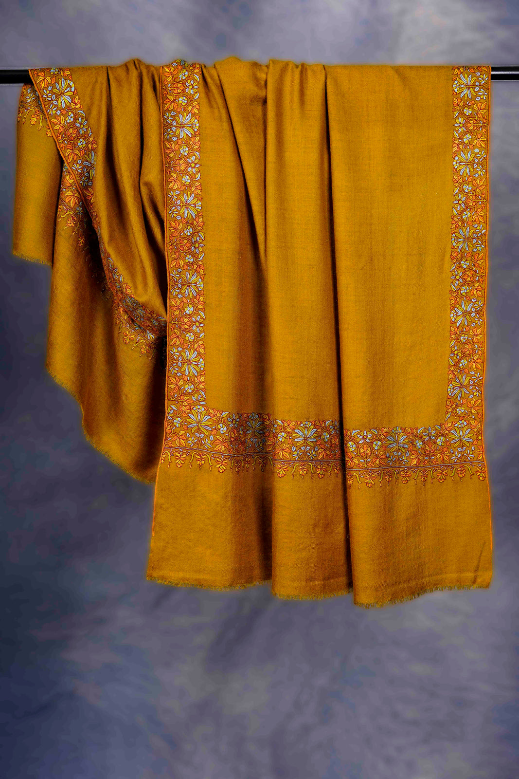 Mustard Multi- Color Big Border Embroidery Cashmere Pashmina Shawl