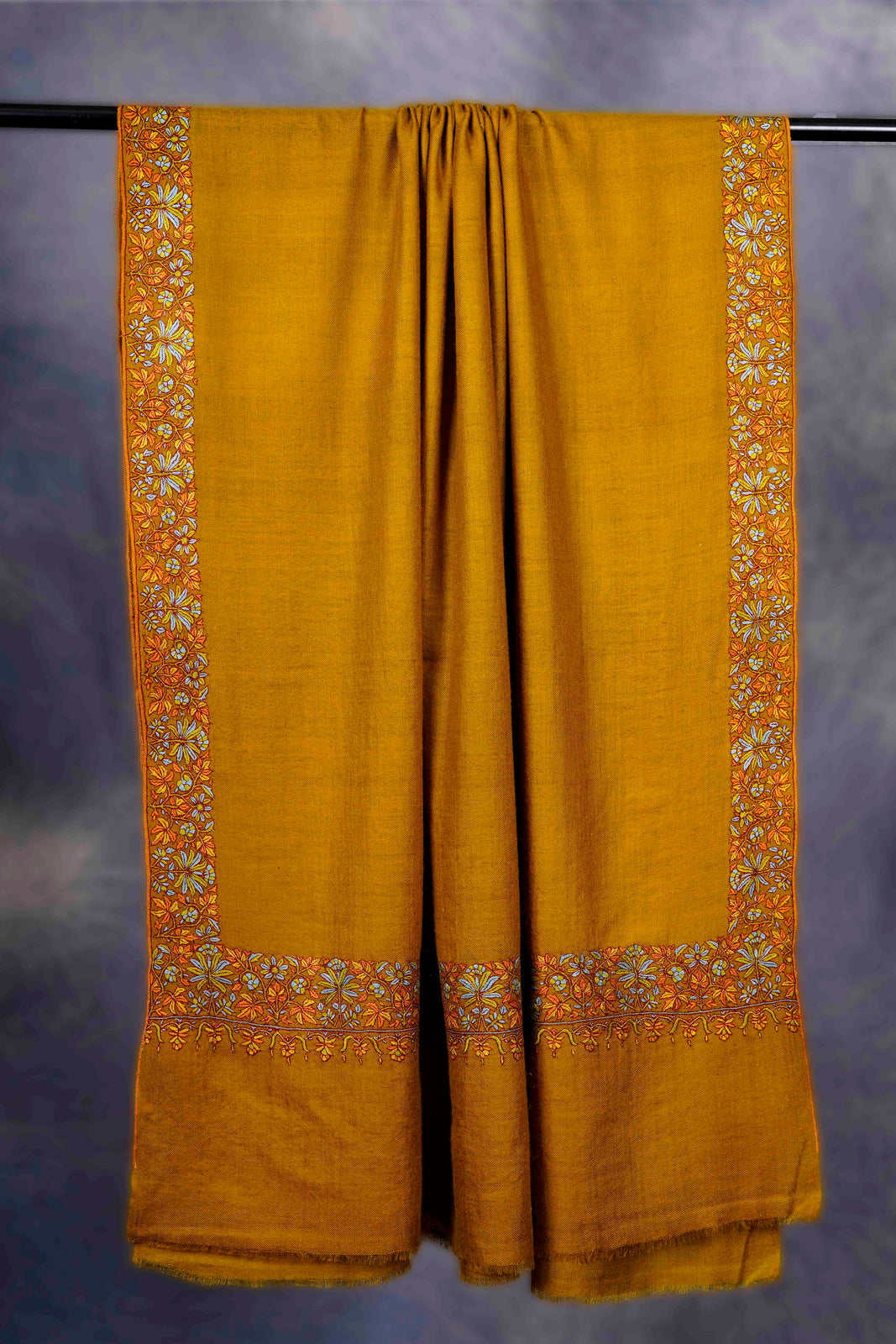 Mustard Multi- Color Big Border Embroidery Cashmere Pashmina Shawl