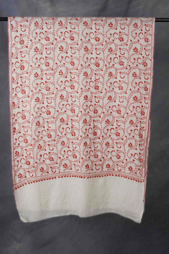 Ivory Base Jali Sozni Embroidery Merino Wool Scarf