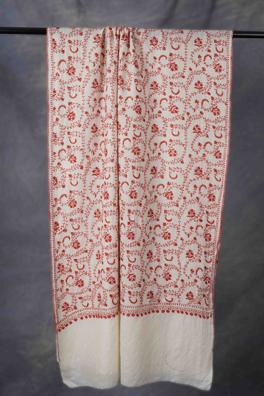 Ivory Base Jali Sozni Embroidery Merino Wool Scarf