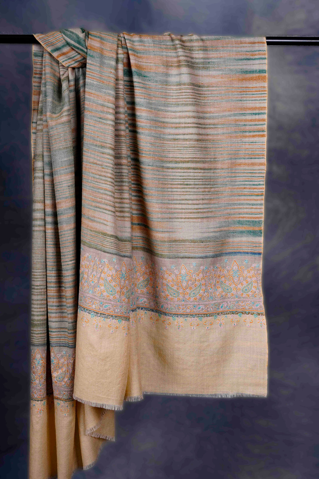 Natural Base Multi color Striped Border Embroidery Cashmere Pashmina Shawl