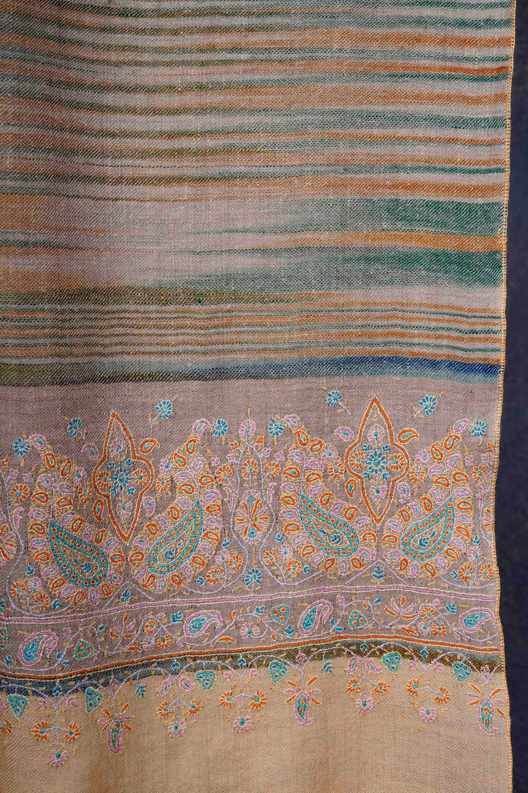 Natural Base Multi color Striped Border Embroidery Cashmere Pashmina Shawl