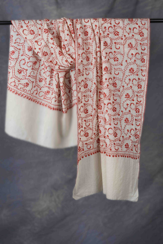 Ivory Base Jali Sozni Embroidery Merino Wool Scarf