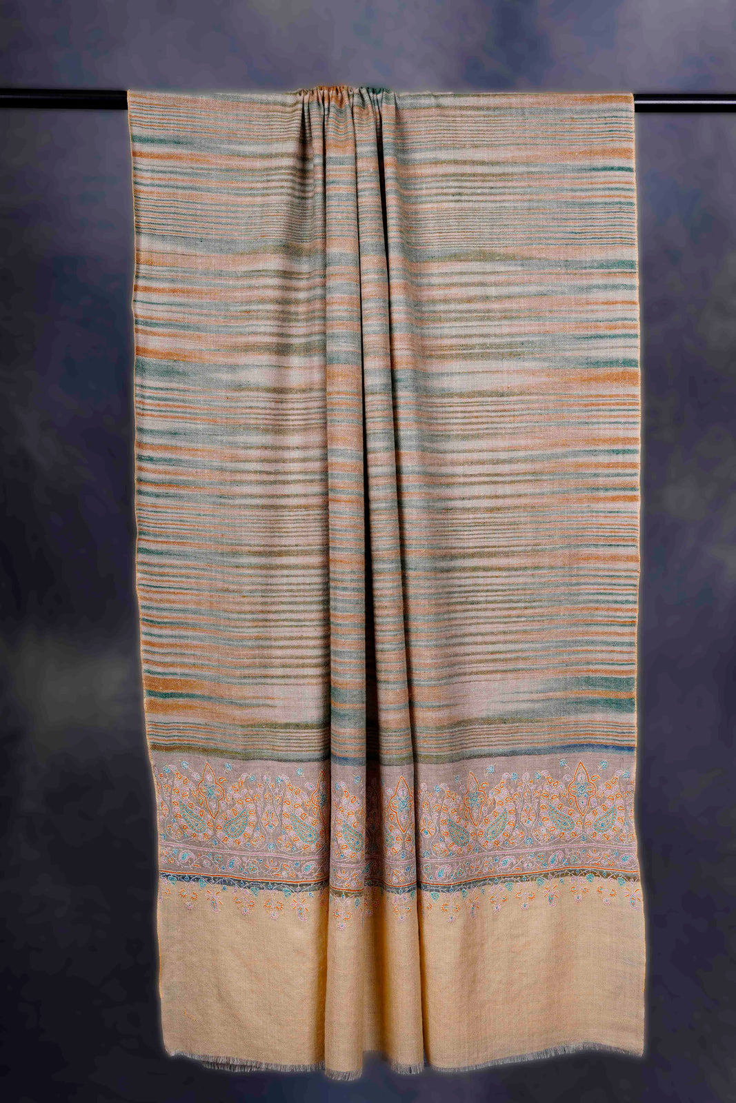 Natural Base Multi color Striped Border Embroidery Cashmere Pashmina Shawl