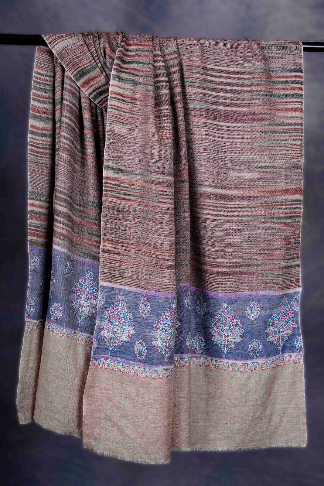 Natural Base Multi color Striped Border Embroidery Cashmere Pashmina Shawl