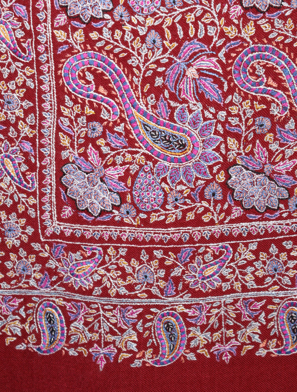Red Color Jamawar Embroidery Pashmina Shawl – detail view