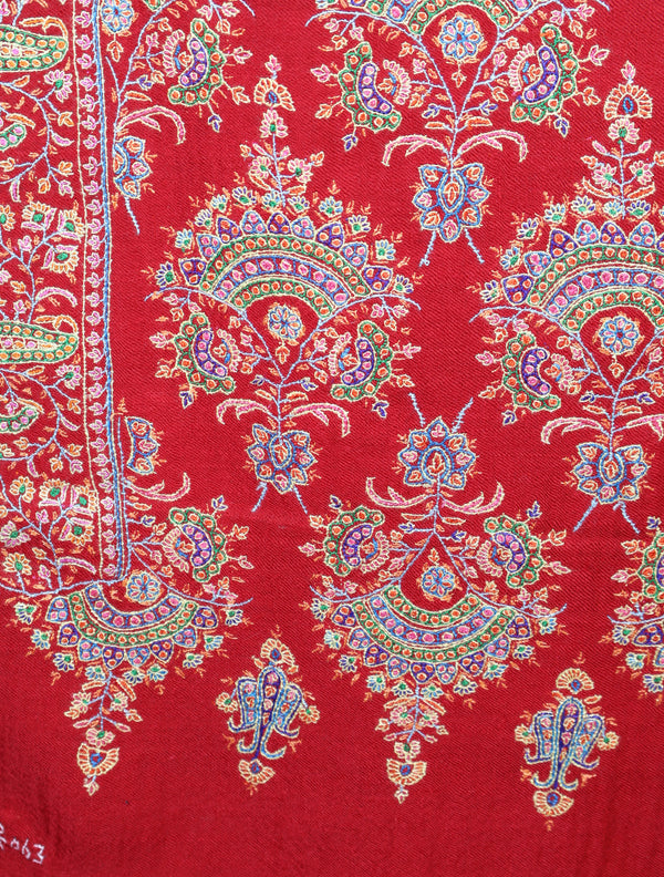 Red Base Jamawar Embroidery Pashmina Shawl – detail view